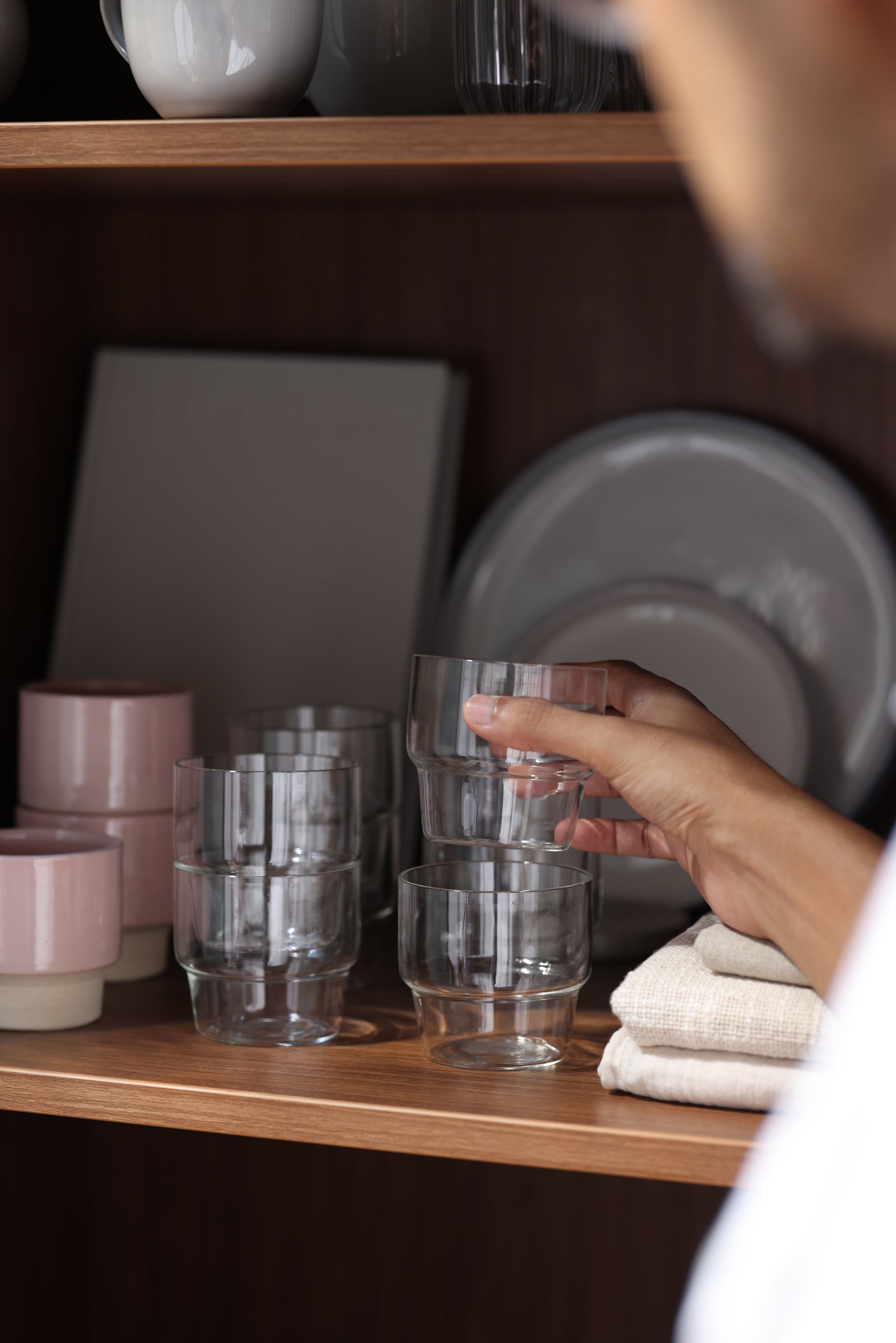 Frangipani Gift Set, Stackable Glass Tumblers & Teak Coasters
