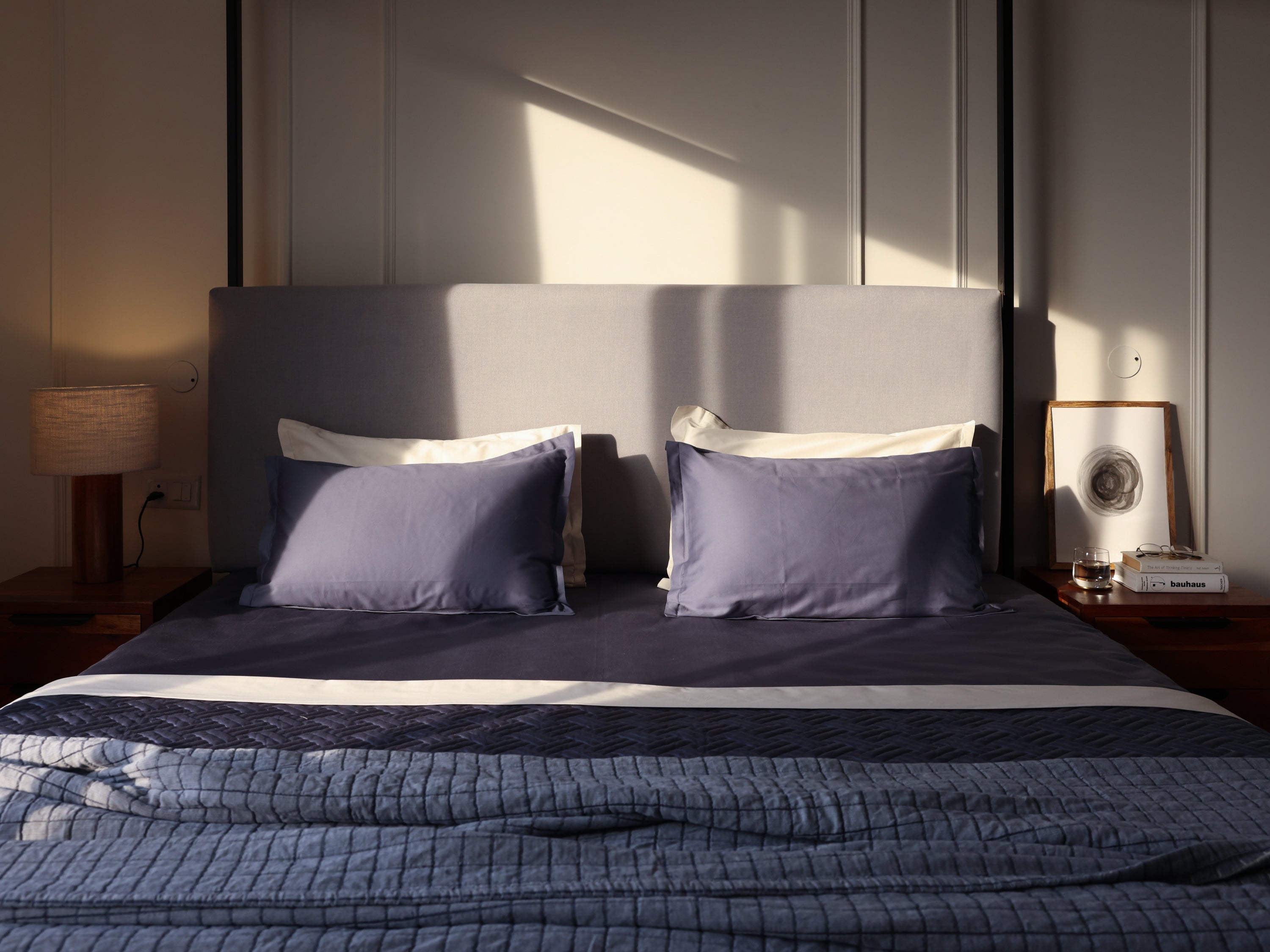 Dusk Luxe Sateen Flat Sheet Set With Matelasse Coverlet And Basketweave Quilt