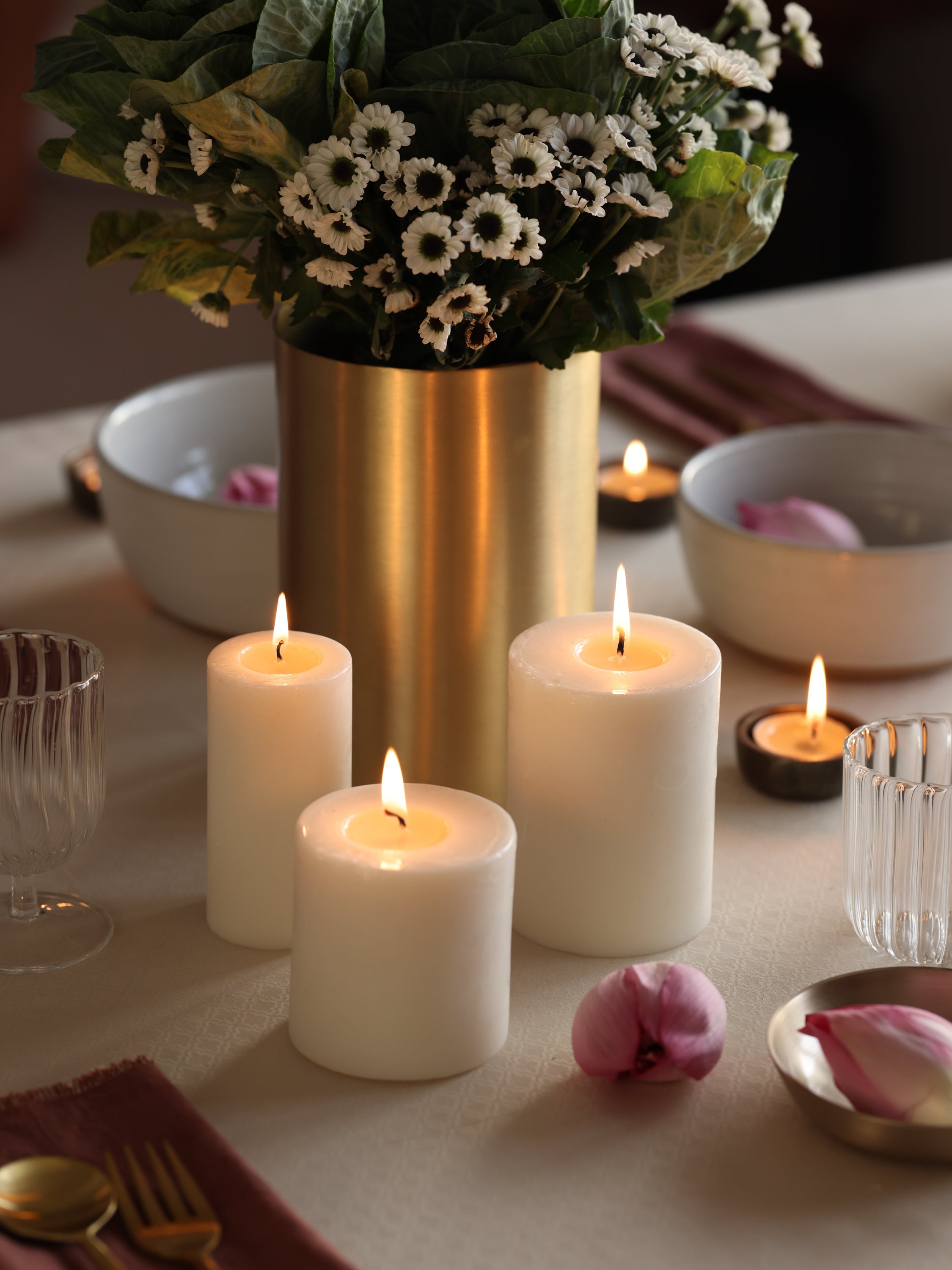 Fleck pillar candles lit