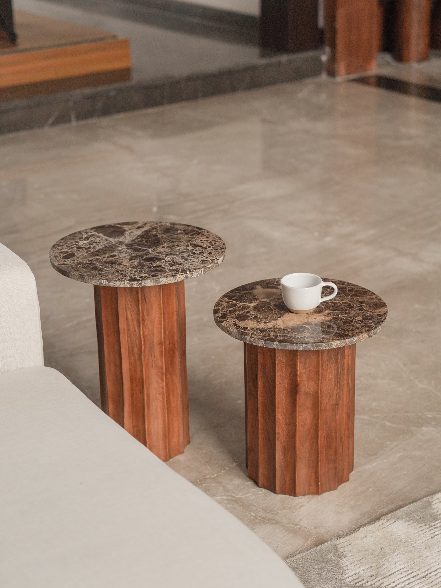 Fluted Tables, Emperador Marble