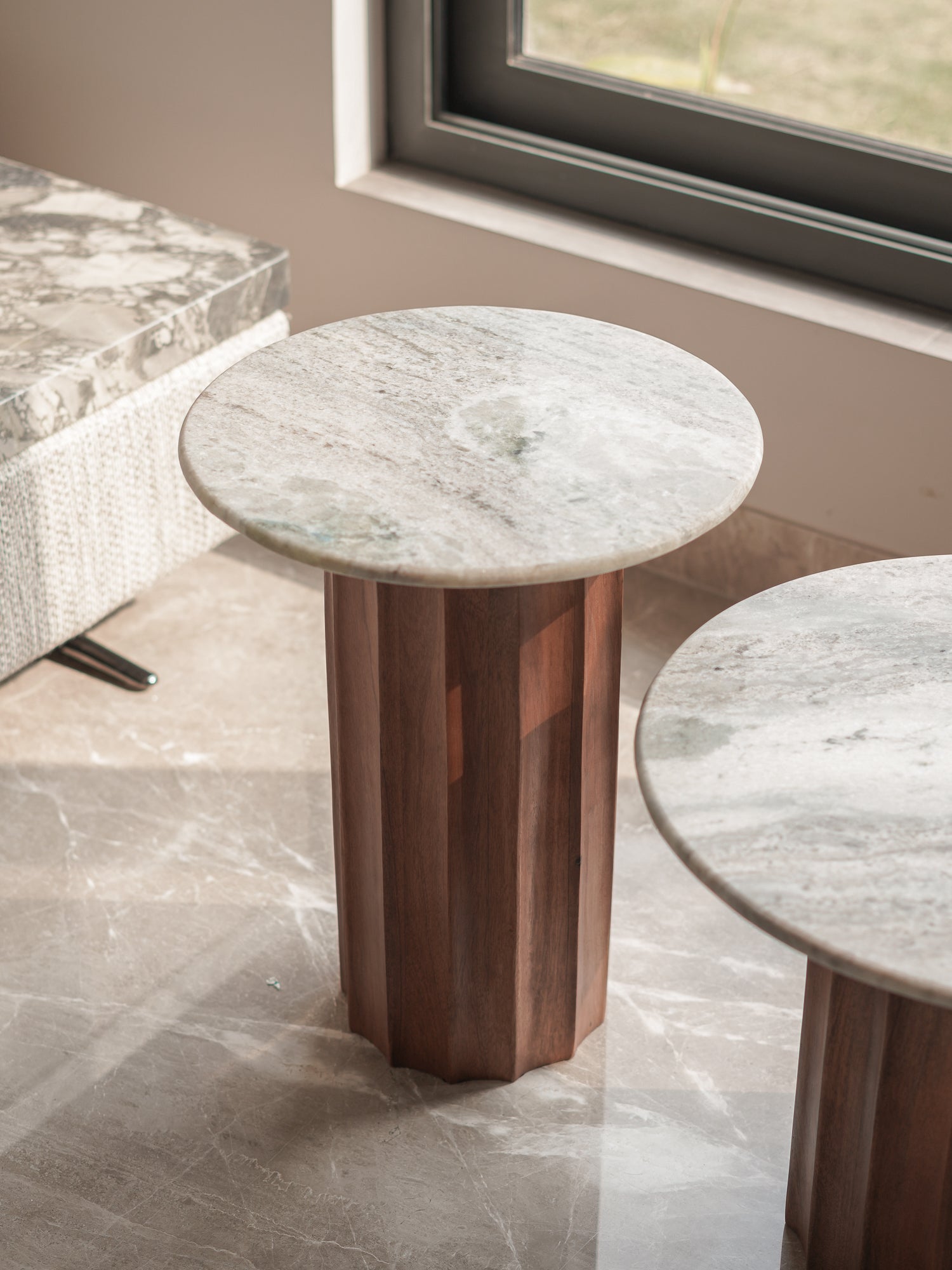 Fluted Tables, Off White Marble