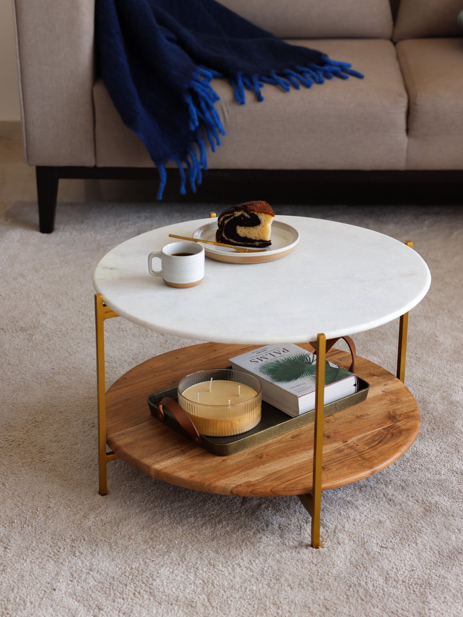 Wood & Marble round Coffee Table for living room