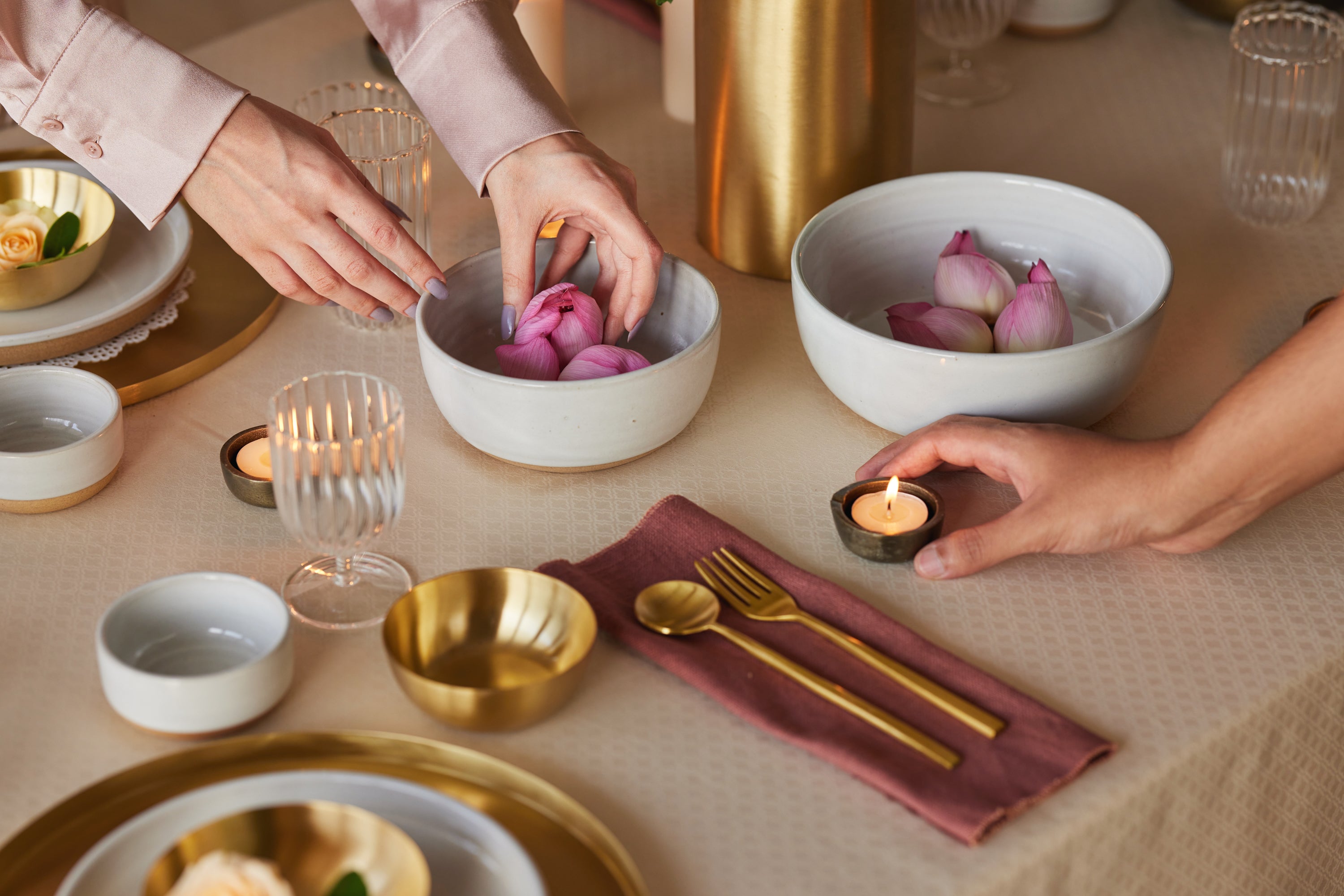Snowdrop white serving bowls with brass cutlery and stemware