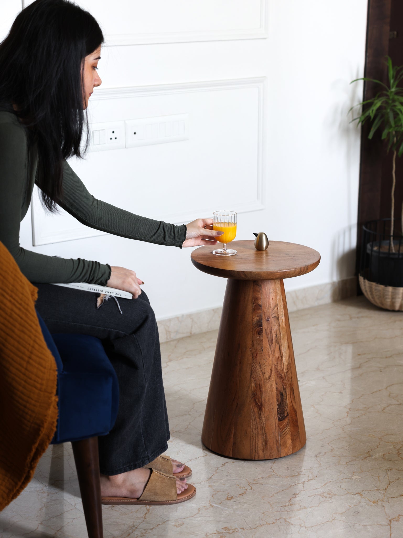 Solid wood conical side table for living room
