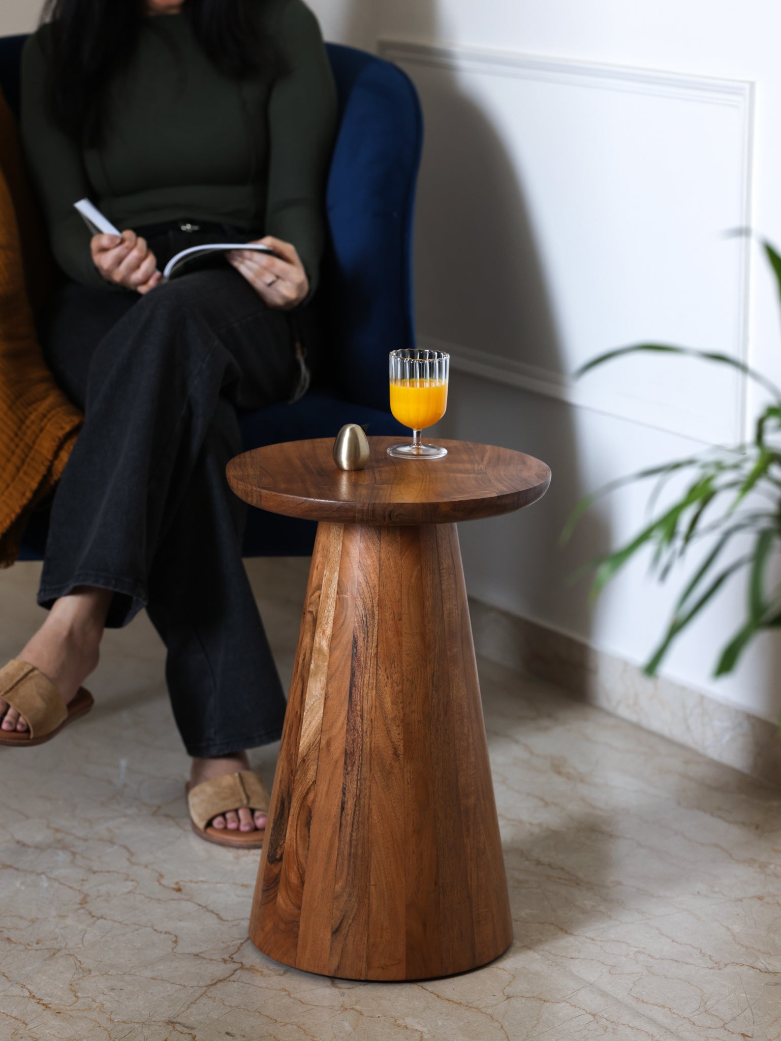Solid wood conical side table for living room