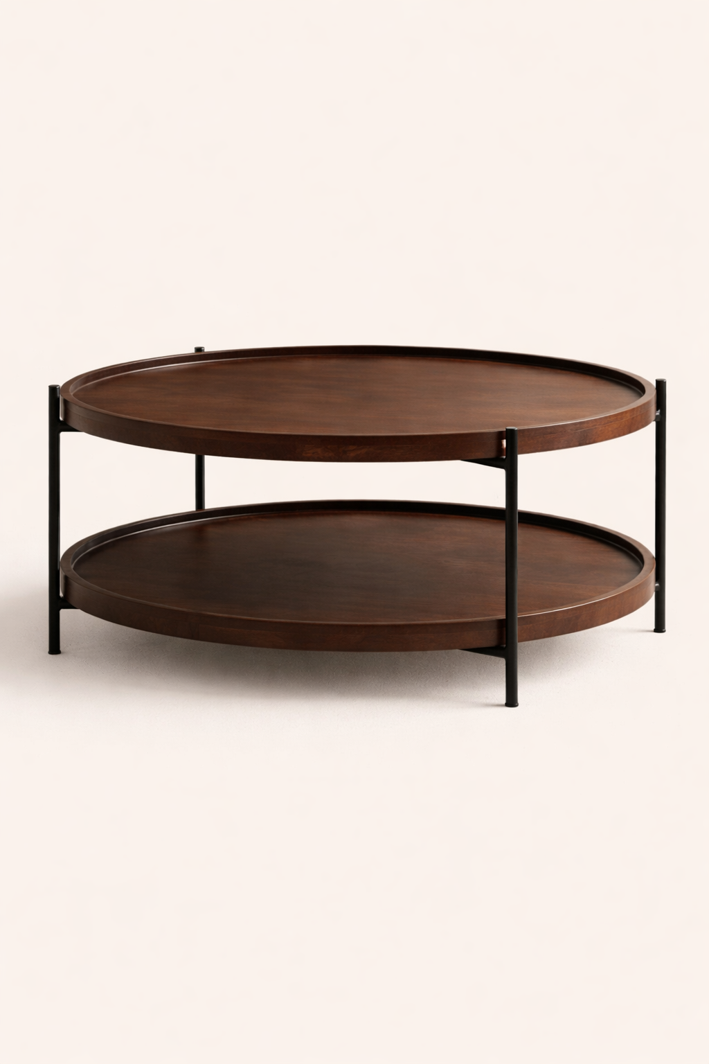 Round wooden coffee table with metal frame on a white background