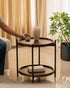 Brown wood side table with lower storage, styled in a cozy living space.