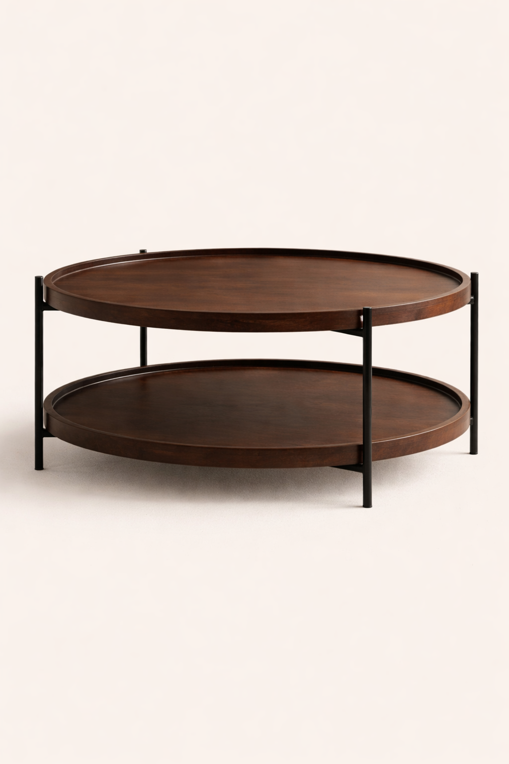 Two-tiered round coffee table with wooden top and metal frame on a white background