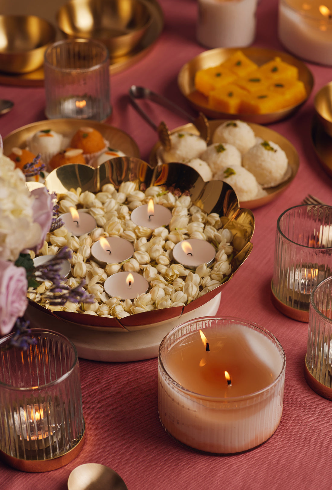 Lotus Decorative Brass Bowls, White Marble - Fleck