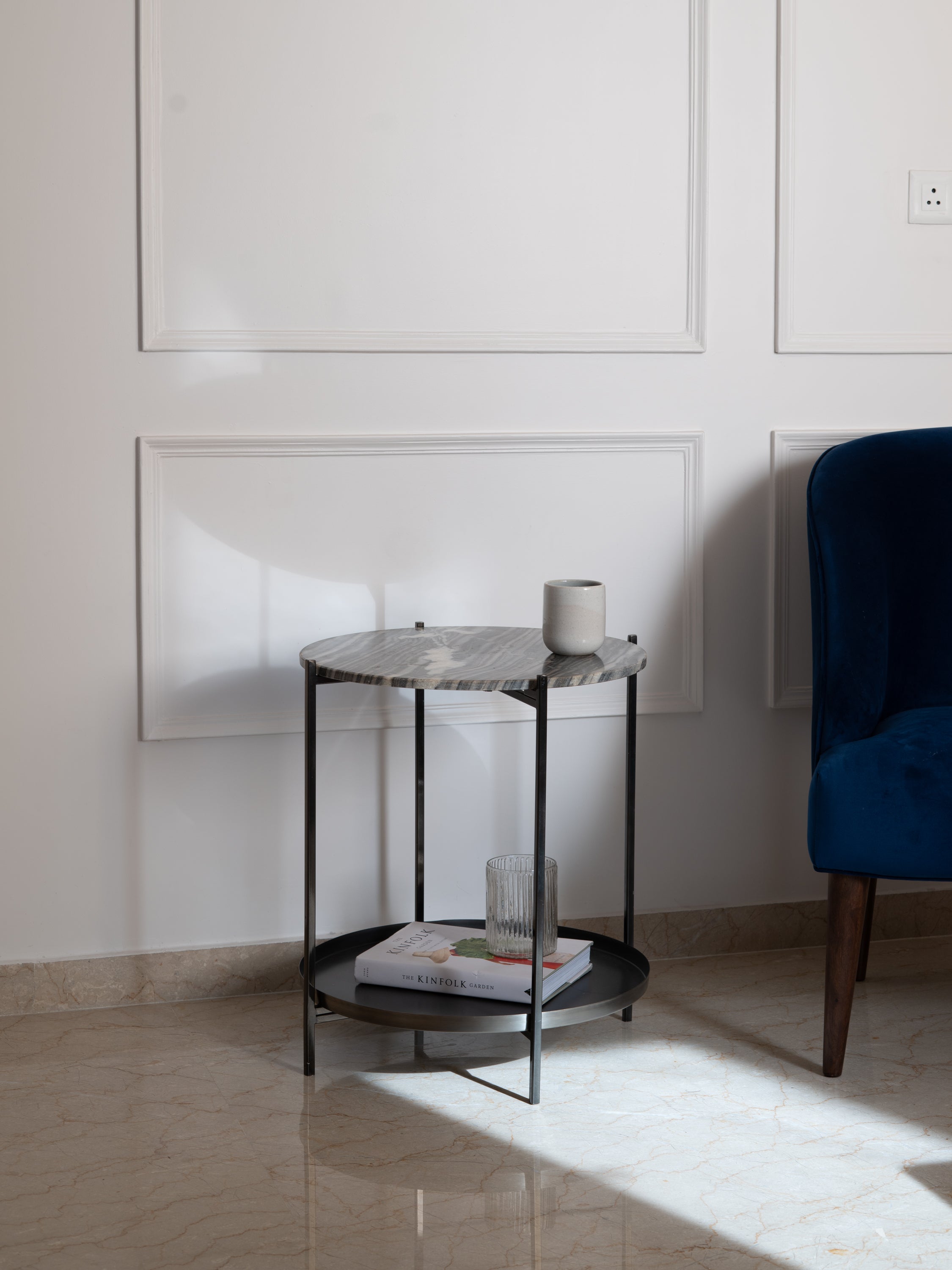 River Grey Side Table, Marble & Metal Tray - Fleck