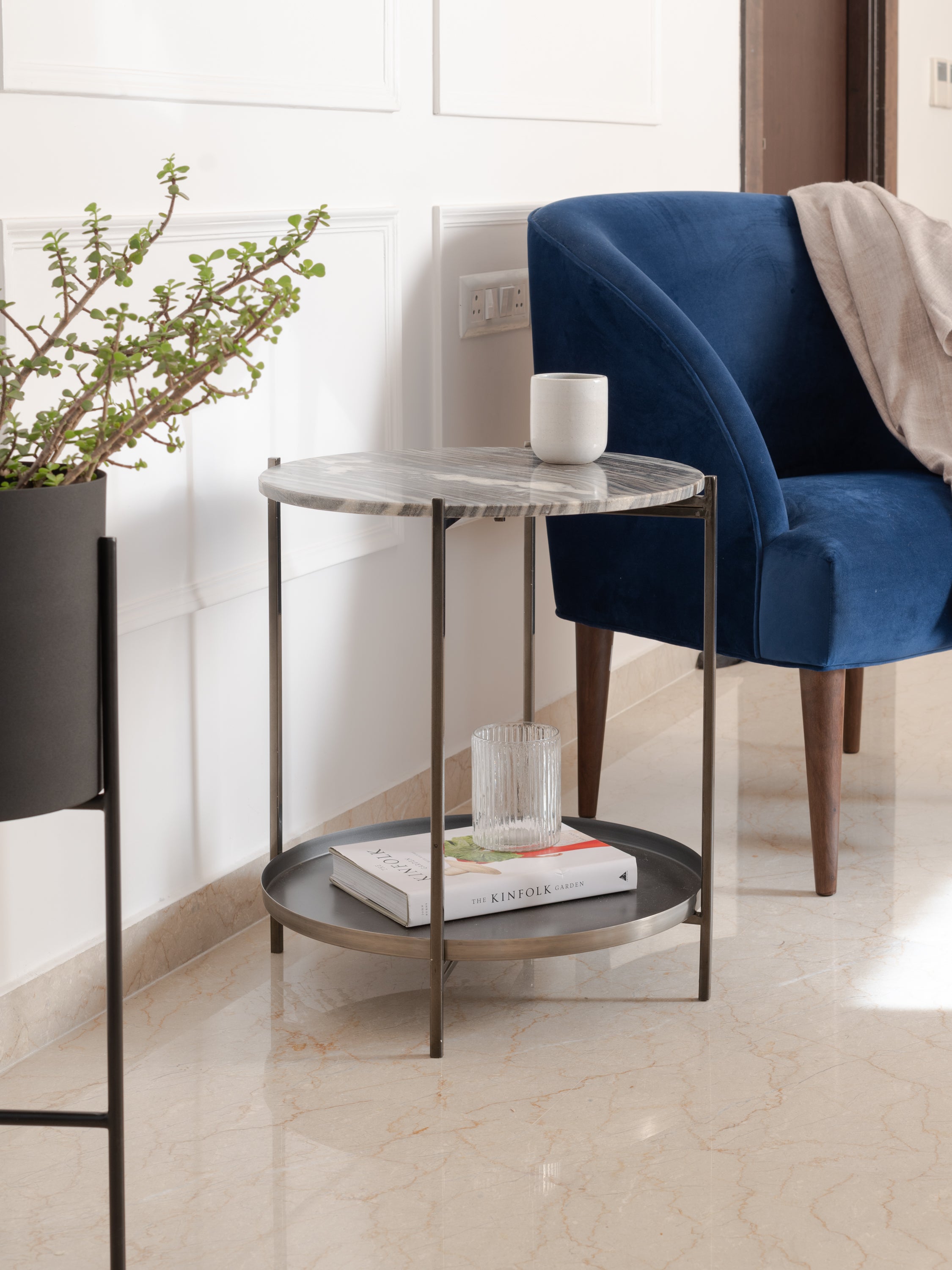 River Grey Side Table, Marble & Metal Tray - Fleck