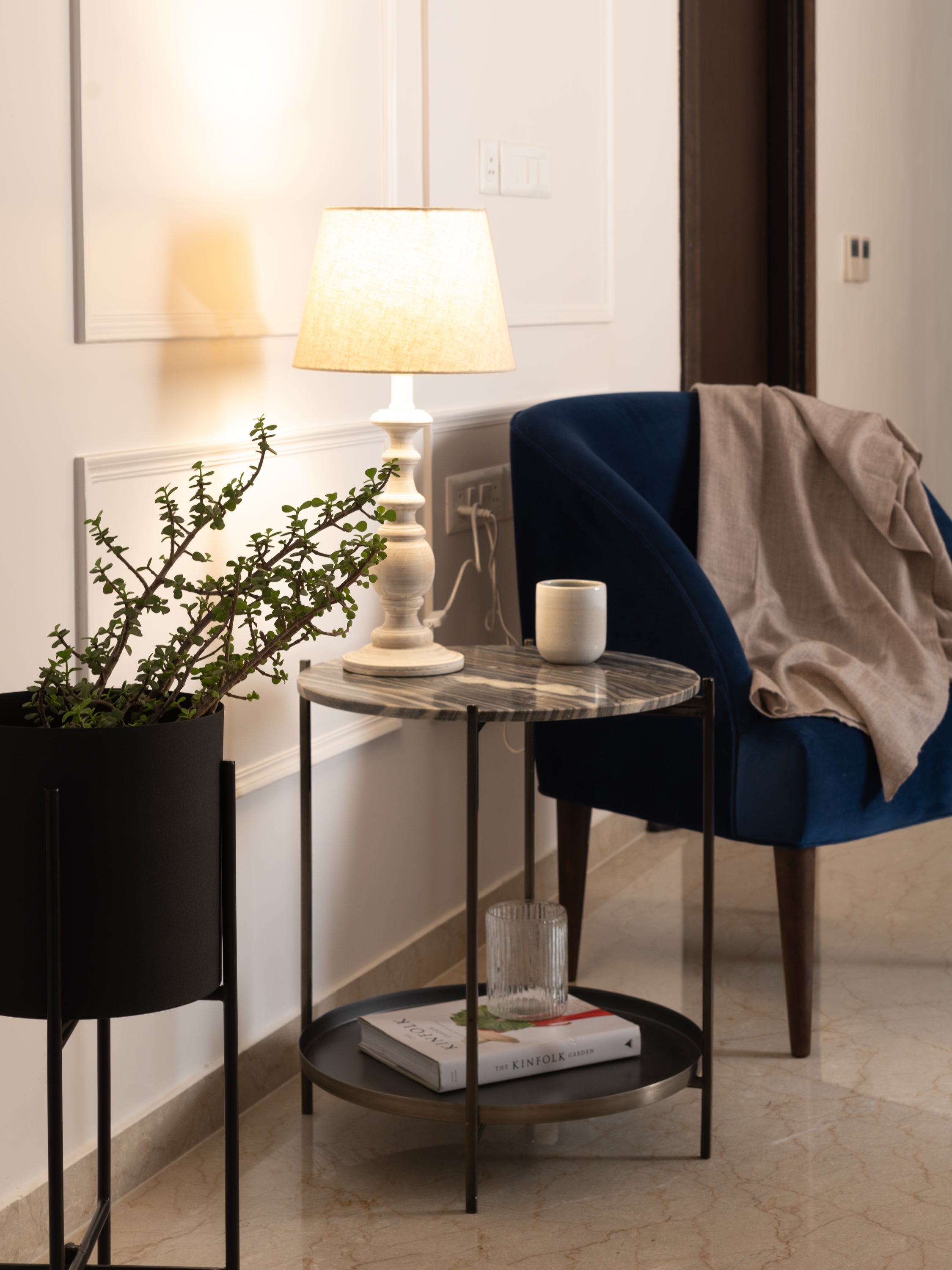 River Grey Side Table, Marble & Metal Tray - Fleck