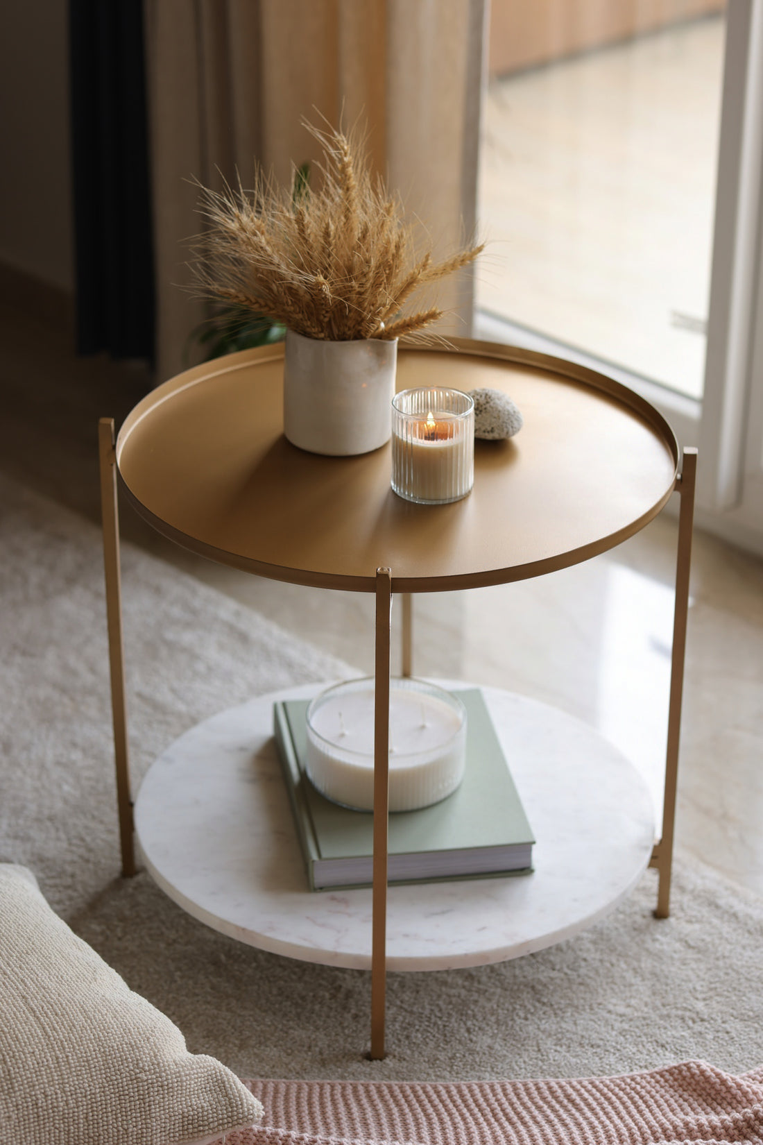 Florence Side Table, Marble &amp; Gold Tray - Fleck
