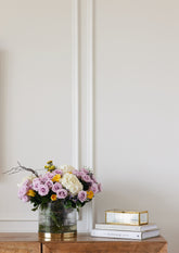 Fluted glass flower vase with gold metal base decorated
