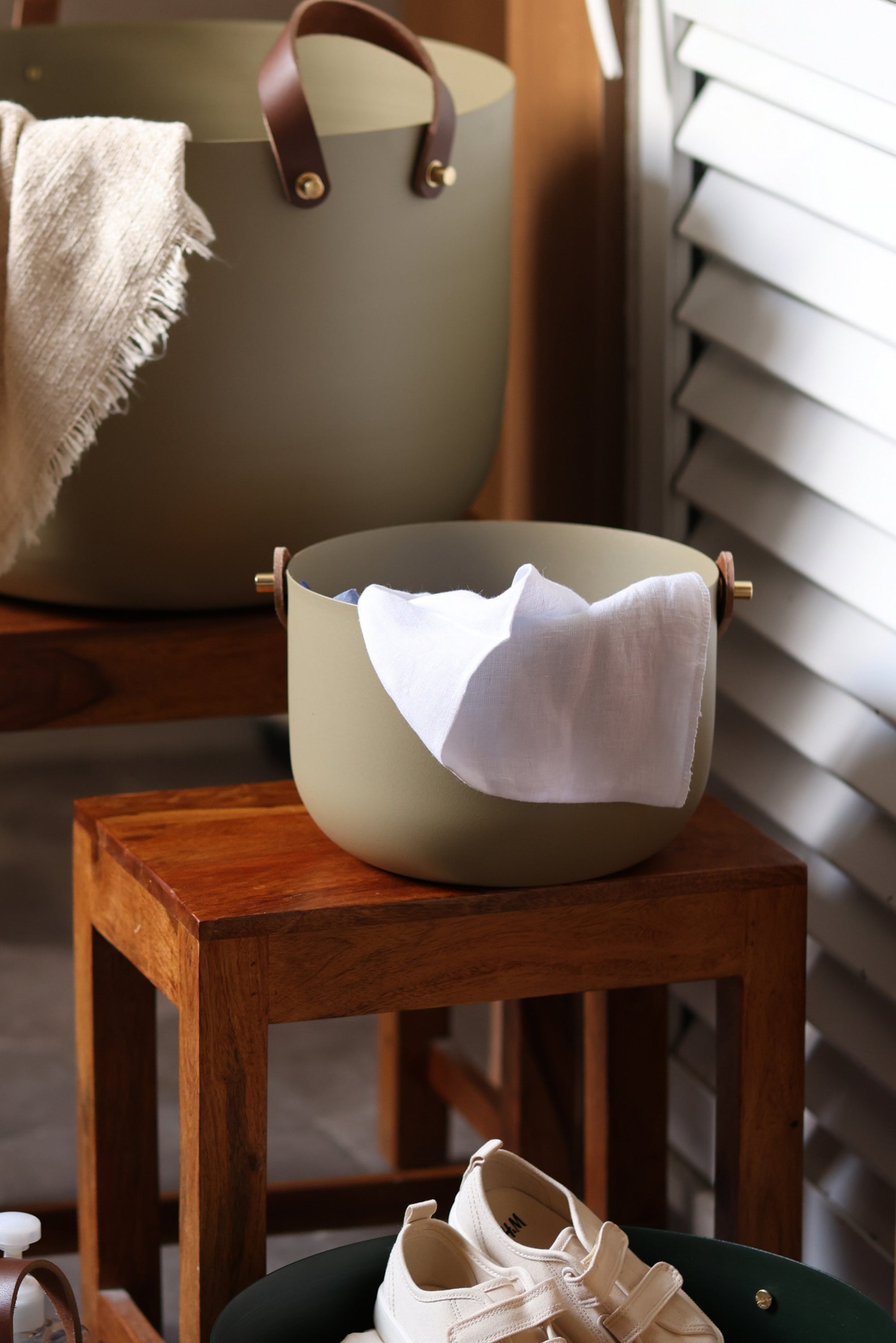 Small Basket for storage with a leather strap