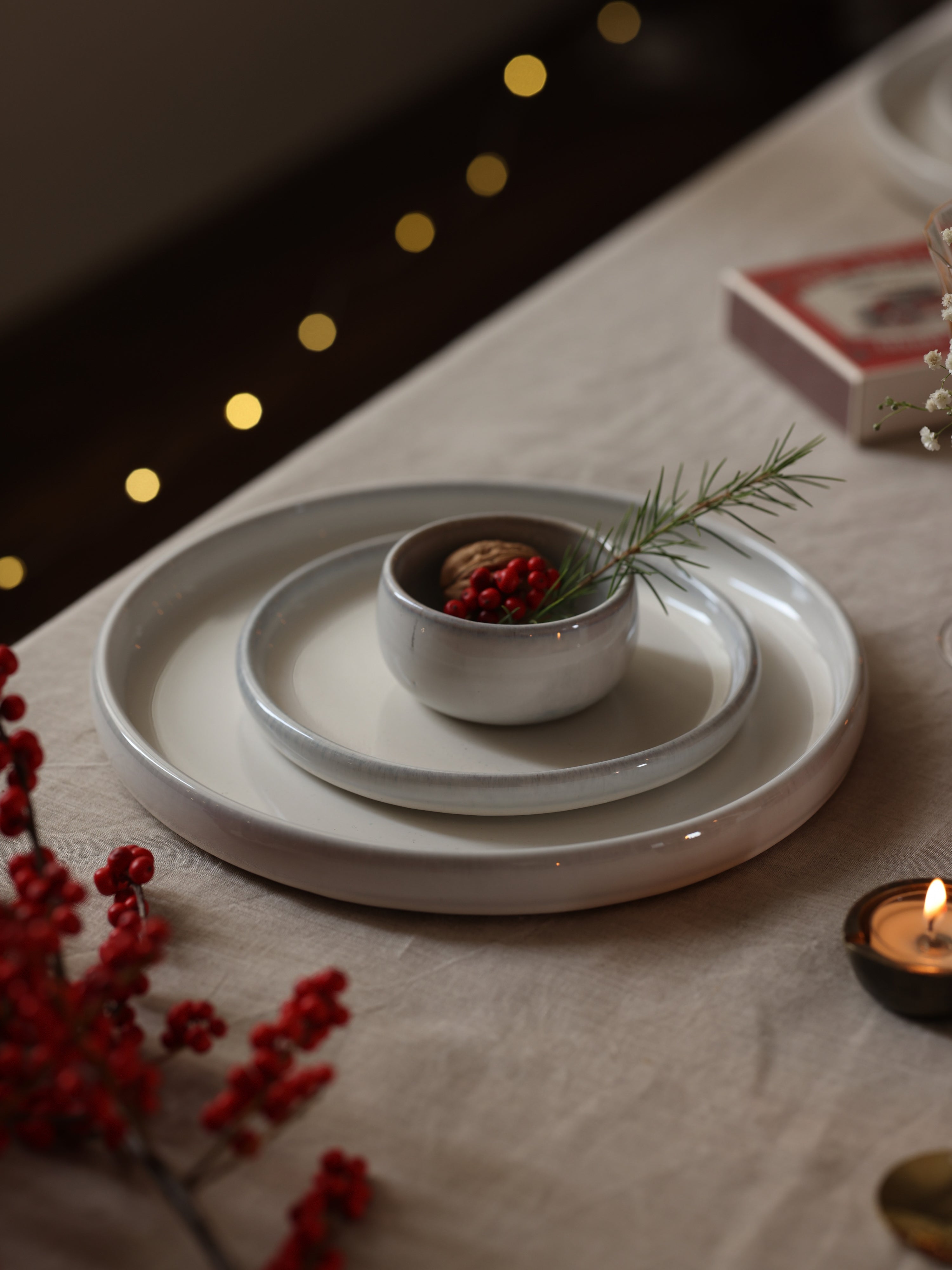 Stoneware set of bowl snack plate and dinner plate.