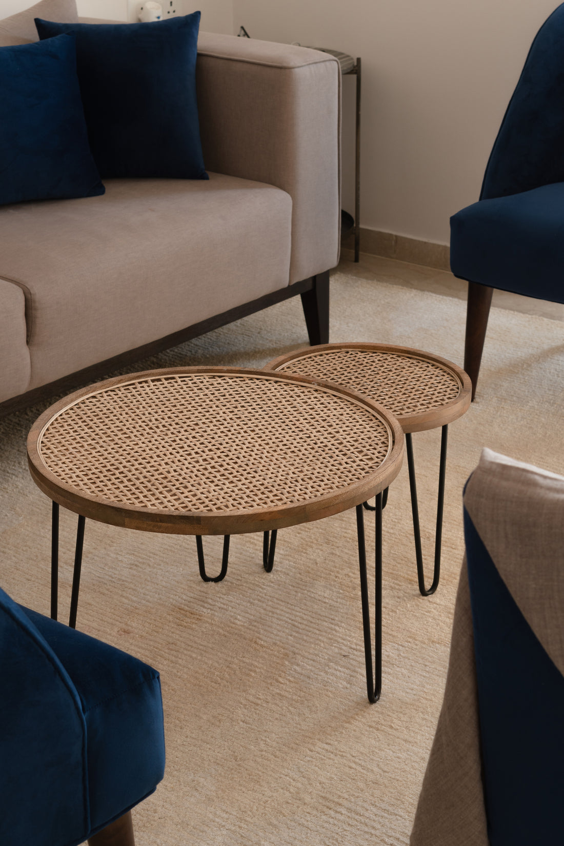 Set of 2 Side tables with Rattan work
