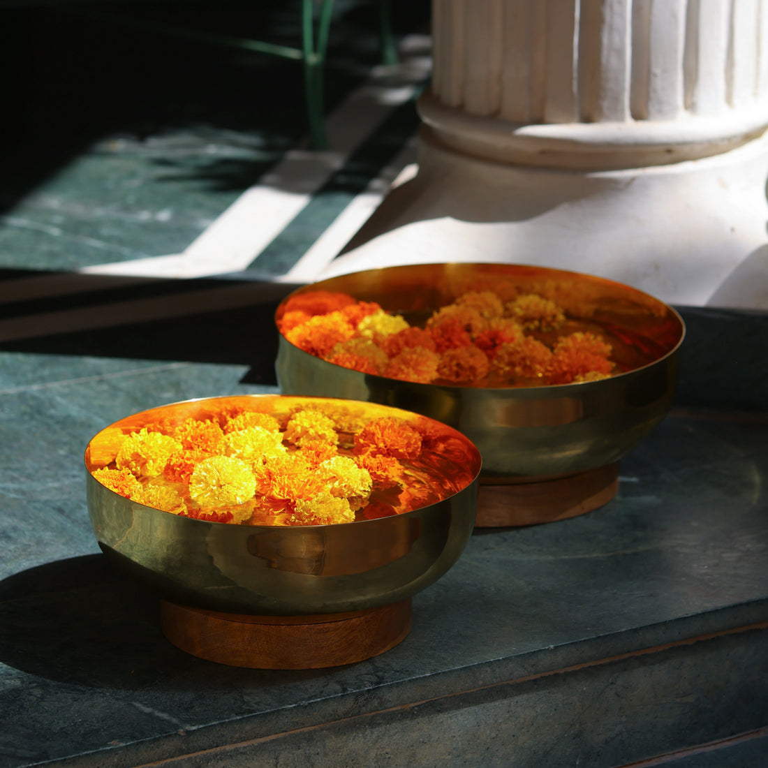 Small Footed Brass Urli with wooden base - Fleck