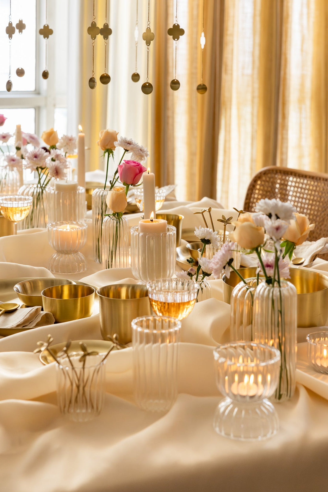 A diwali table set up with over hanging ornament