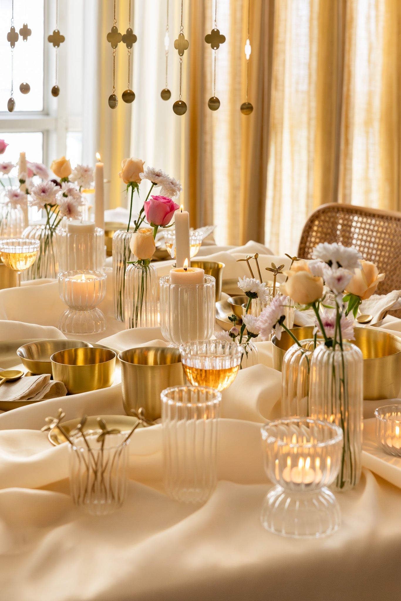 A diwali table set up with over hanging ornament