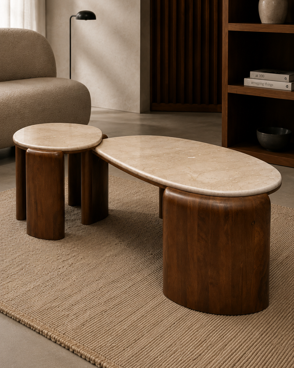 Modern living room with a coffee table made with wood and marble