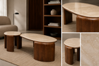 Collage of a modern coffee and side table with wooden legs and marble top in a room setting.