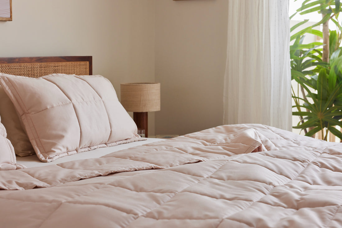 Blush Sateen Box Comforter Spread Side View
