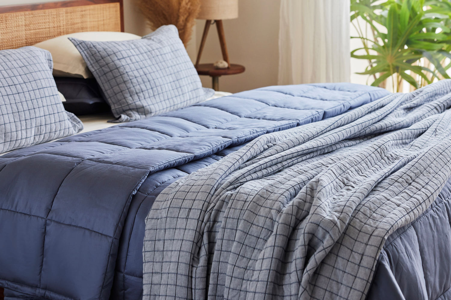 Chambray Blue Matelassé Coverlet Set Paired With Sateen Box Quilt