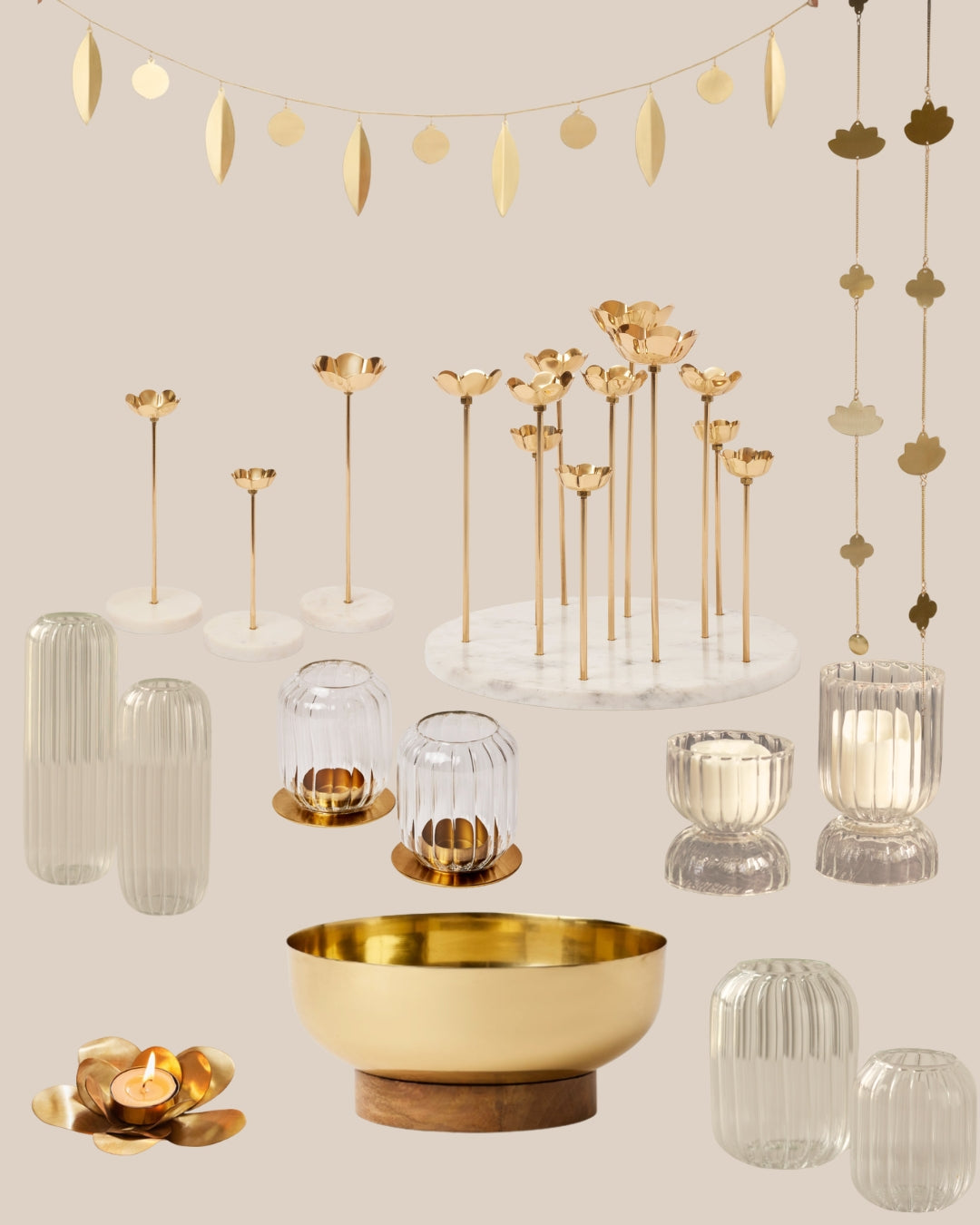 Brass and glass table top decor on a neutral background for Diwali