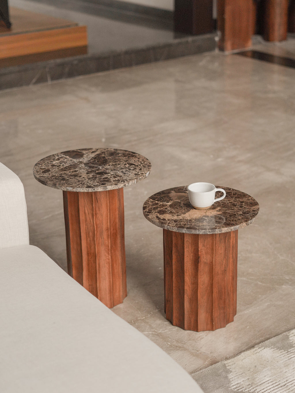 Fluted Tables, Emperador Marble