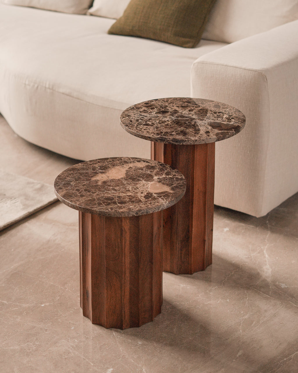 Fluted Tables, Emperador Marble