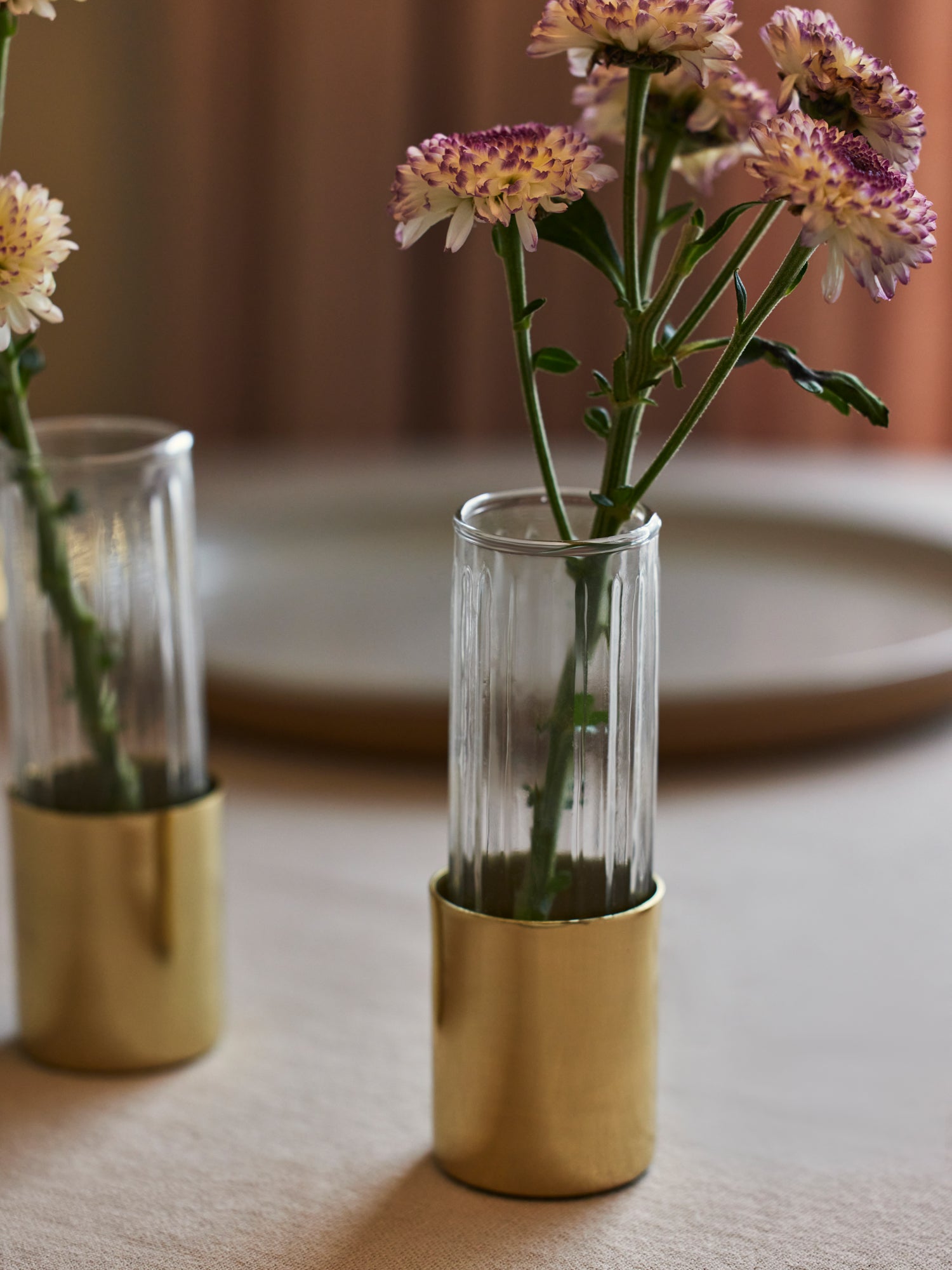 Small glass vase with gold plate for decor 