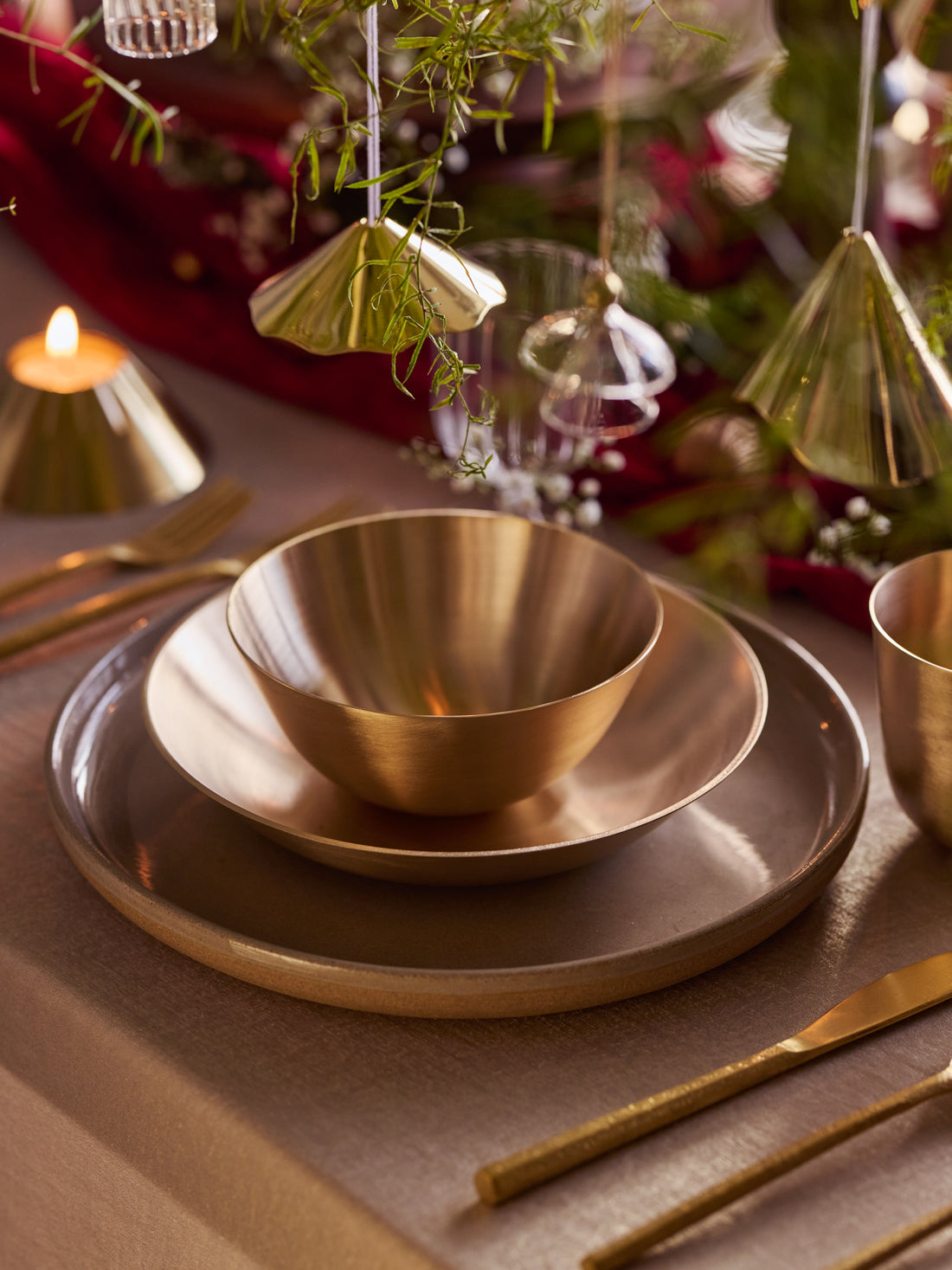 Brass pasta plate and bowl for dinning.