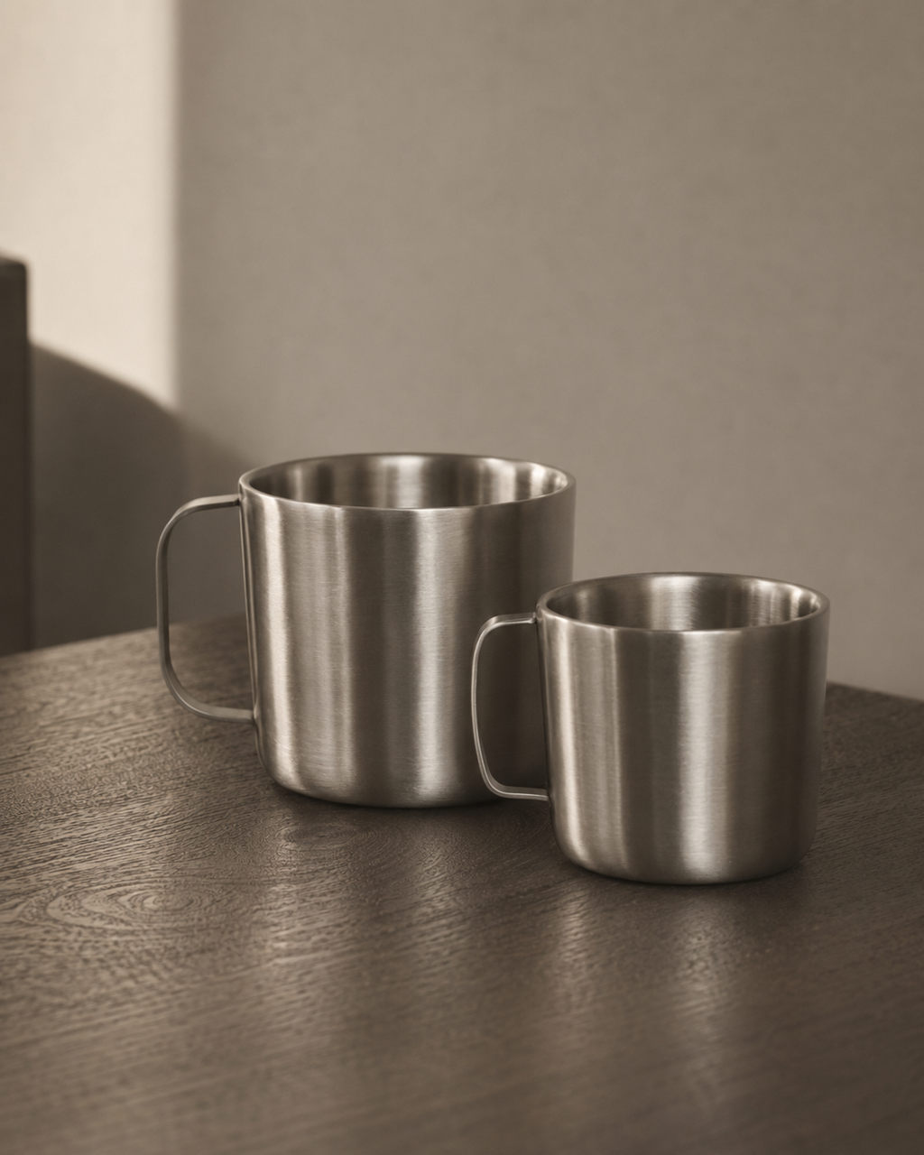Two stainless steel mugs on a wooden surface with a neutral background