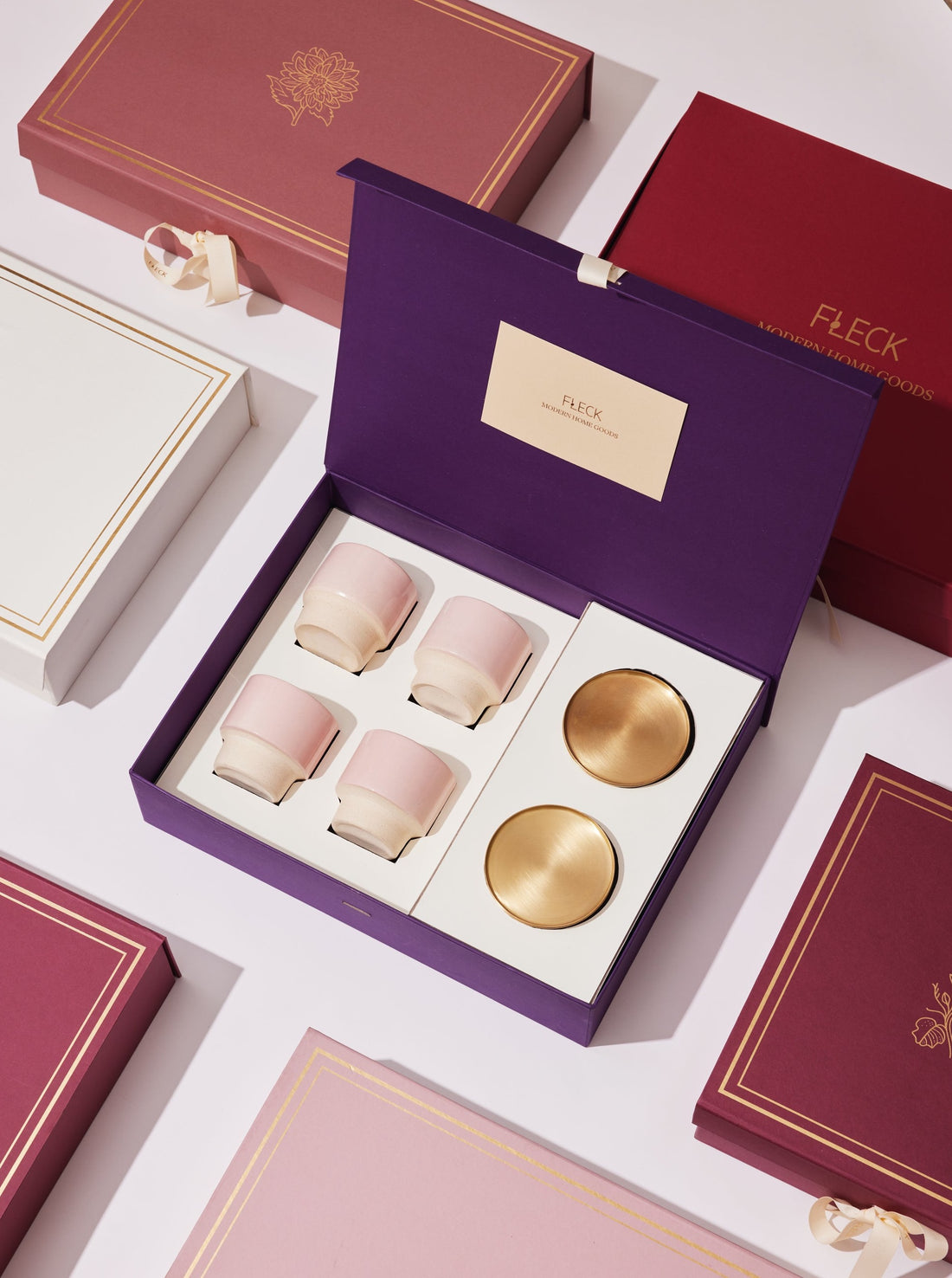 Gift Boxes Closed with purple open with stackable cups and coasters