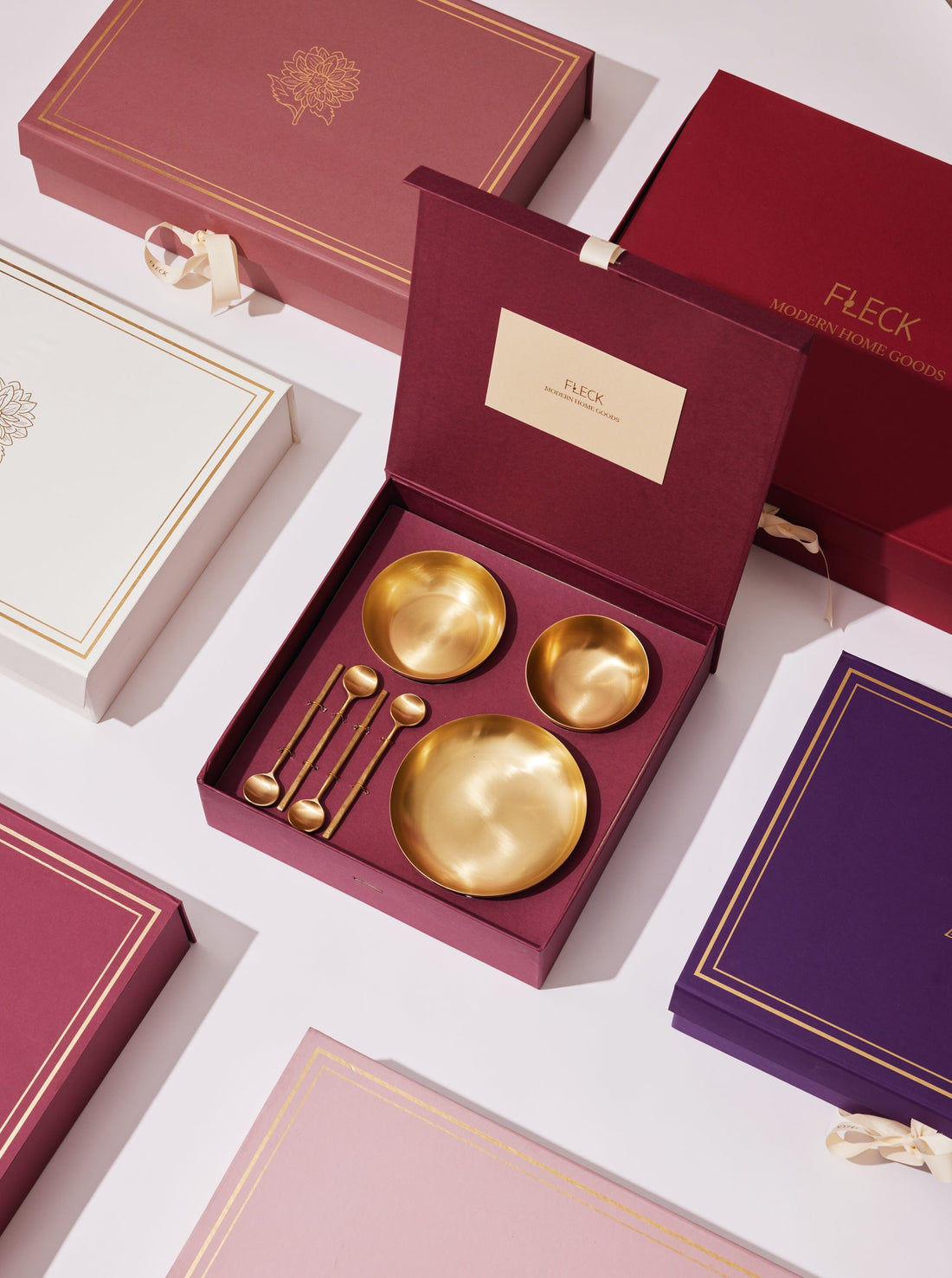Gift Boxes with Square maroon open with brass wares