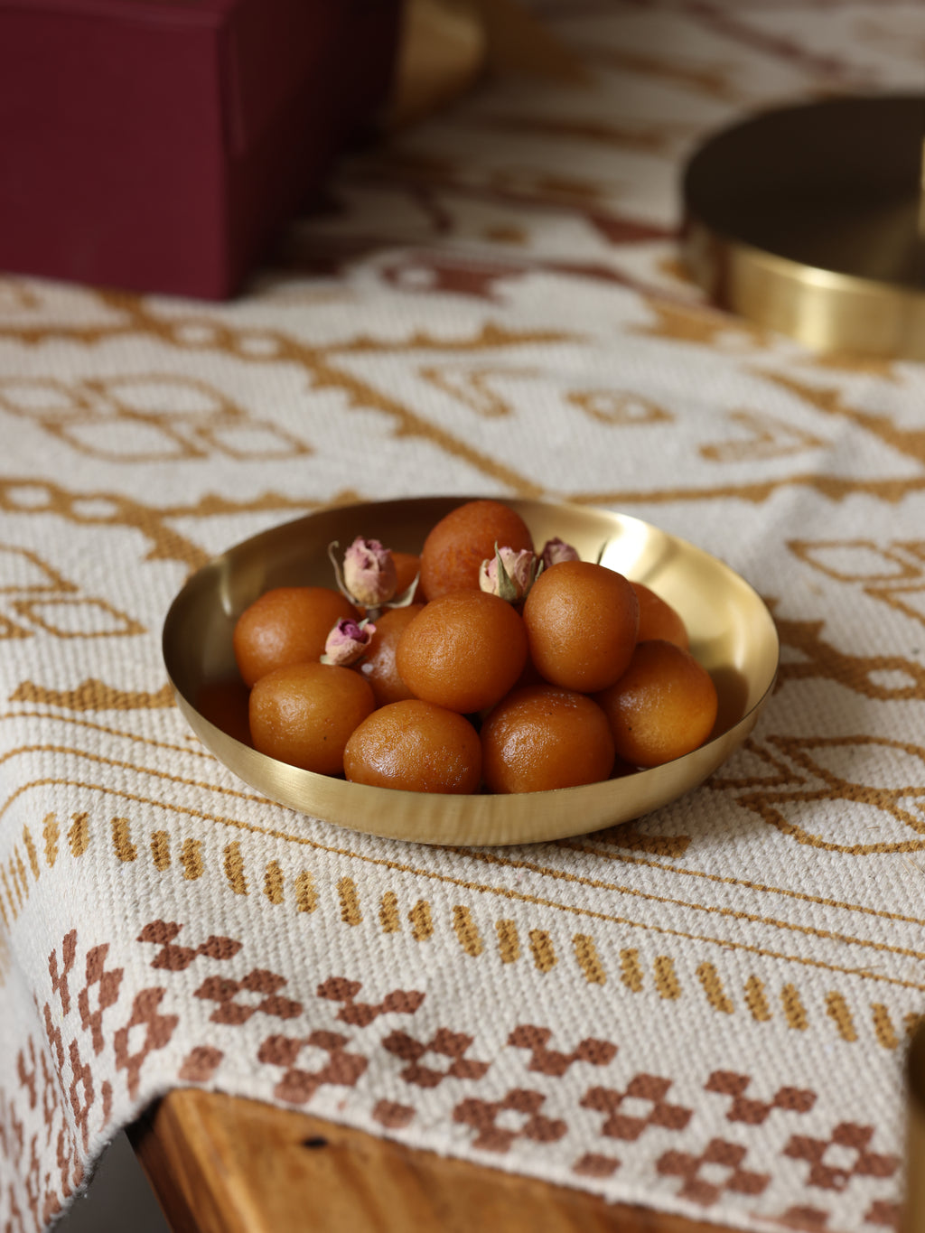 Heirloom brass tapas plate with gulab jamun