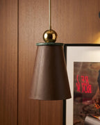Brown pendant light with gold fixture against a wooden wall