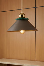 Modern pendant light with a dark shade and gold fixture on a wooden wall.