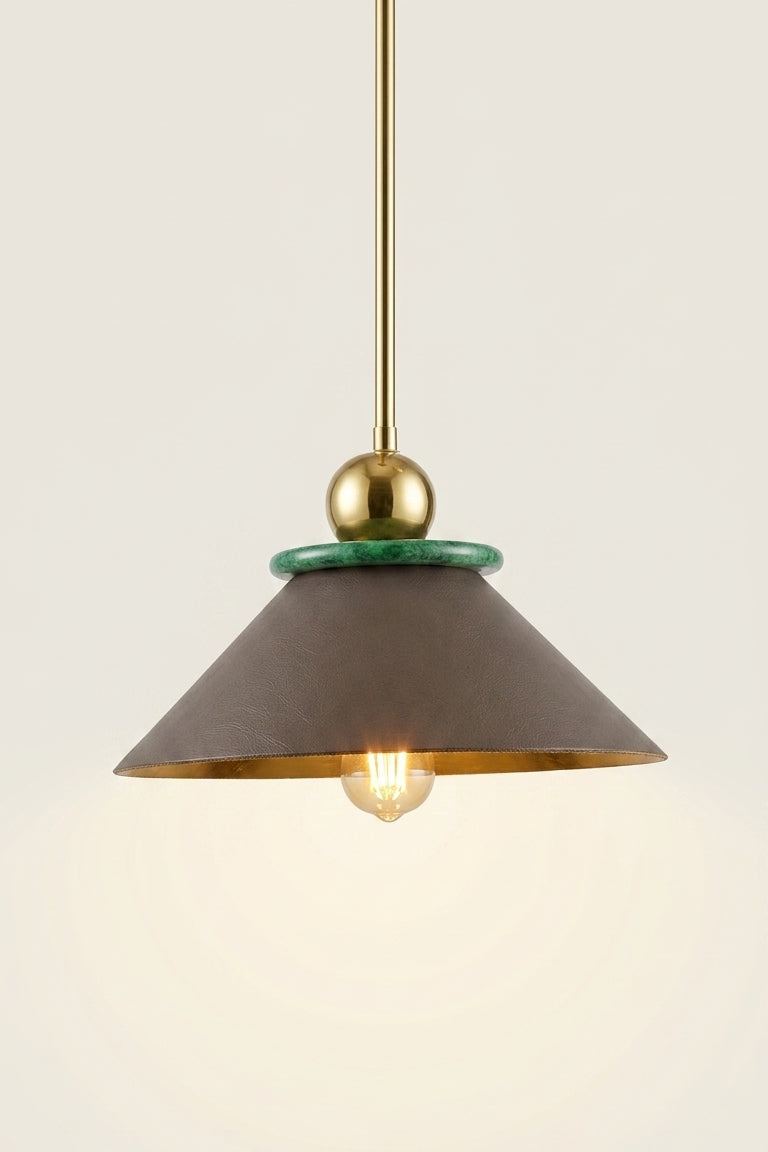 Pendant light with a brown shade and gold fixture on a white background