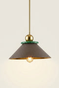 Pendant light with a brown shade and gold fixture on a white background