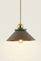 Pendant light with a brown shade and gold fixture on a white background
