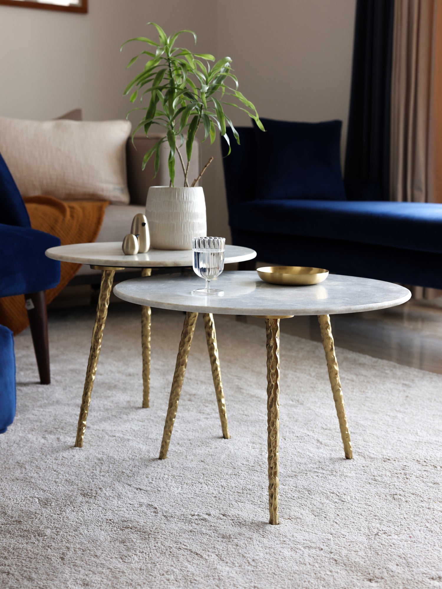 Metal gold legs with marble top table, set of 2