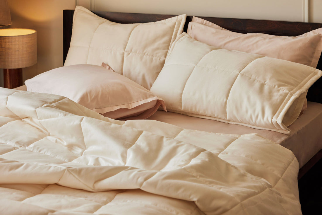 Natural Organic Cotton Percale Box Comforter And Pillow With Blush Sateen Bedding