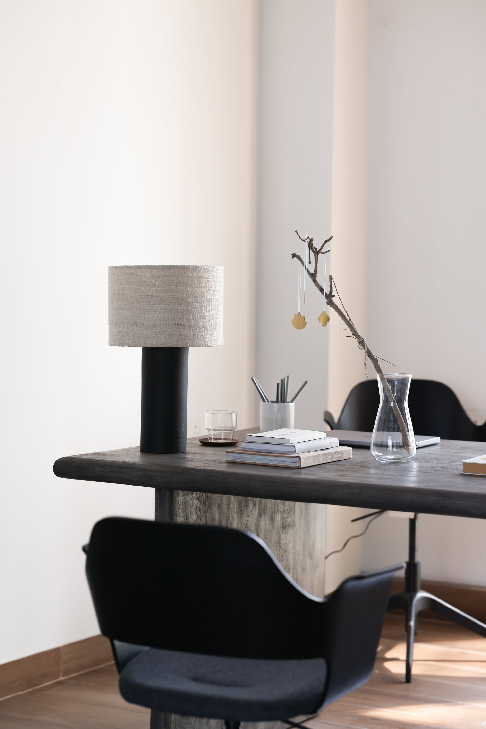 Noir Black Round Table Lamp with Textured Shade for living &amp; study room