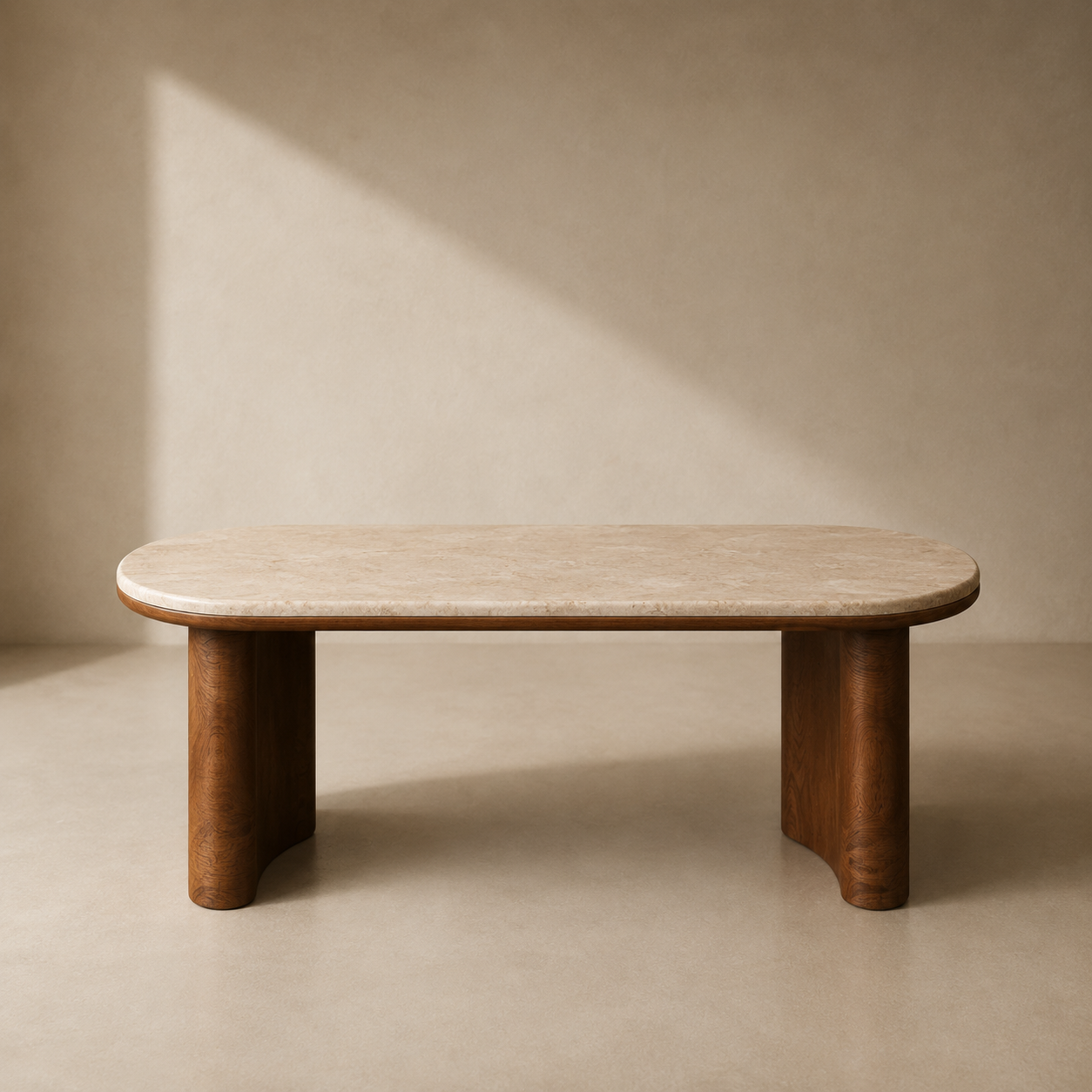 Wooden table with a stone top on a beige background