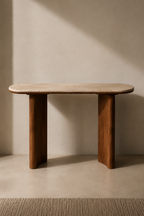 Traventine marble & Wooden console table against a beige wall with soft shadows