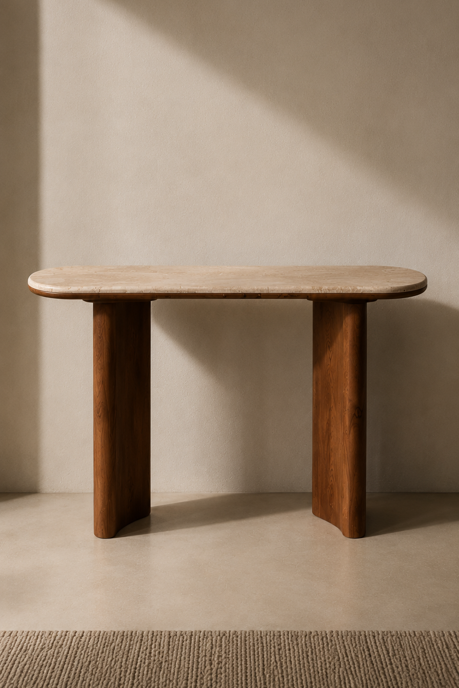 Traventine marble & Wooden console table against a beige wall with soft shadows