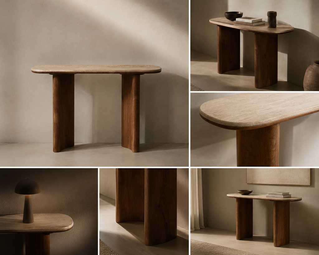 wood and marble table in various settings with soft lighting.