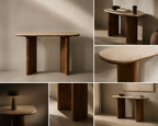 wood and marble table in various settings with soft lighting.